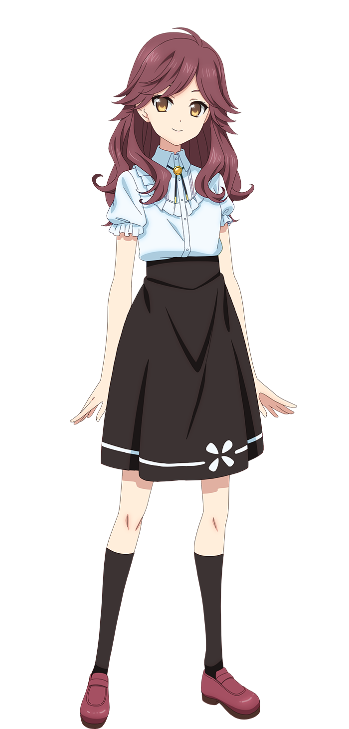 arakaki issei, extreme hearts, highres, official art, 1girl, ahoge, anime coloring, black skirt, black socks, brown eyes, closed mouth, collared shirt, frilled shirt, frills, full body, houjou emi, long hair, looking at viewer, open hands, puffy short sleeves, puffy sleeves, purple hair, purple shorts, shirt, short sleeves, shorts, simple background, skirt, smile, socks, solo, standing, tachi-e, transparent background, tsurime, wavy hair, white shirt