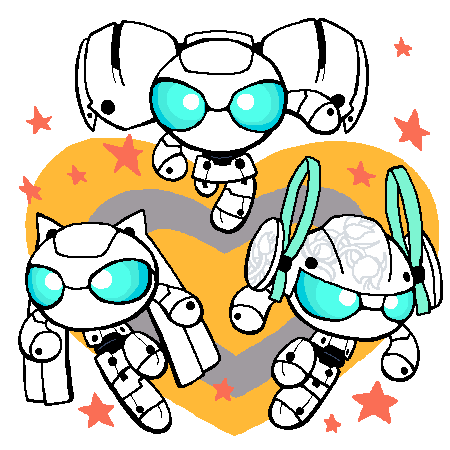 johnnie, drossel von flugel, disney, fireball (series), powerpuff girls, lowres, alternate hairstyle, android, aqua eyes, chibi, humanoid robot, jaggy lines, non-humanoid robot, oekaki, parody, robot, style parody, twintails