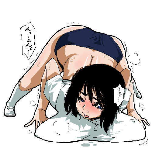 lowres, translation request, blush, breast rest, breasts, buruma, huge breasts, oekaki, solo, top-down bottom-up