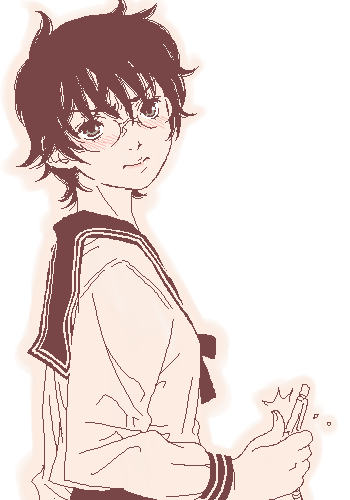 gusu, lowres, 1girl, breaking, female focus, glasses, monochrome, oekaki, pink theme, school uniform, sepia, serafuku, solo