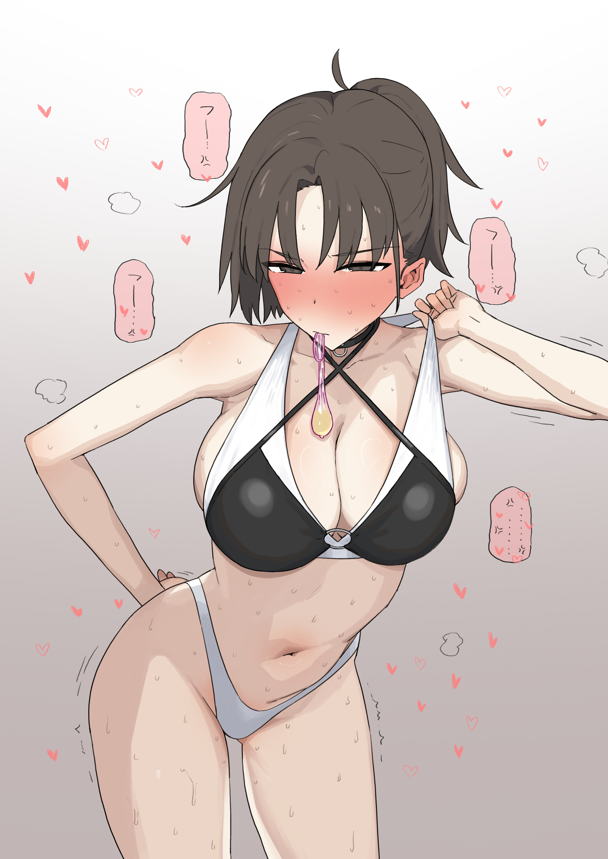 aoyagi kabota, ryougi shiki, fate/grand order, fate (series), absurdres, highres, 1girl, ahoge, bare shoulders, bikini, black bikini, blush, breasts, brown hair, choker, cleavage, condom, grey eyes, large breasts, looking at viewer, mouth hold, multicolored bikini, navel, parted bangs, ryougi shiki (swimsuit mooncancer) (first ascension), short hair, sweat, swimsuit, thighs, two-tone bikini, used condom, white bikini
