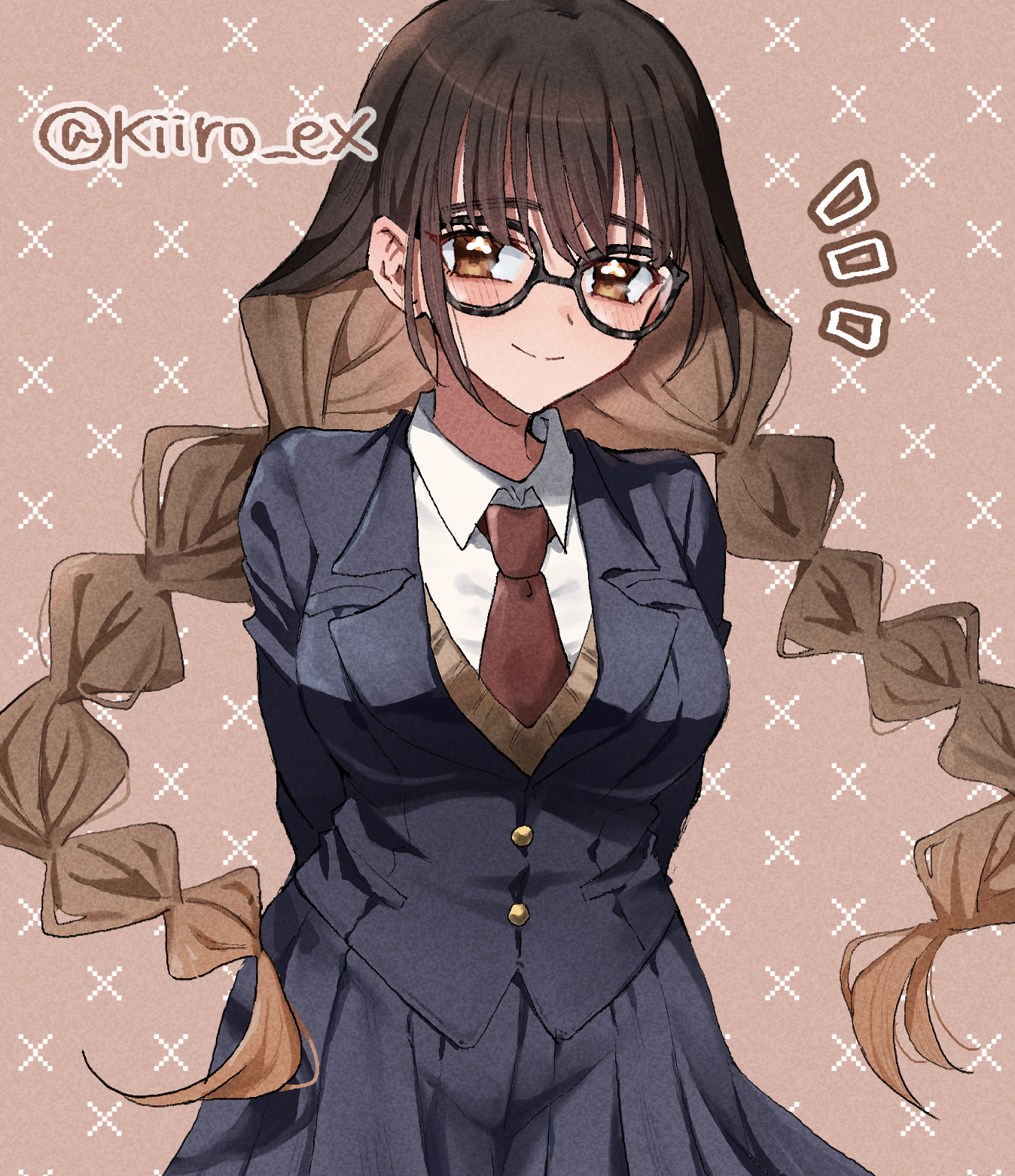 hiiro (kiiro ex), iin chiyo, iin chiyo (hyakkano party), kimi no koto ga dai dai dai dai daisuki na 100-nin no kanojo, commentary request, highres, 1girl, aged up, arms behind back, black-framed eyewear, black jacket, black skirt, blazer, braid, brown background, brown eyes, brown hair, brown necktie, brown sweater vest, closed mouth, collared shirt, cowboy shot, glasses, hair between eyes, jacket, long hair, looking at viewer, low twin braids, necktie, notice lines, ohananomitsu high school uniform, pleated skirt, raised eyebrows, school uniform, shirt, simple background, skirt, smile, solo, split mouth, sweater vest, thick eyebrows, twin braids, twitter username, very long hair, white shirt