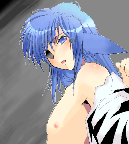 yagisaka seto, follower (yagisaka seto), original, lowres, 1boy, animal ears, blue hair, eyepatch, fang, male focus, oekaki, solo