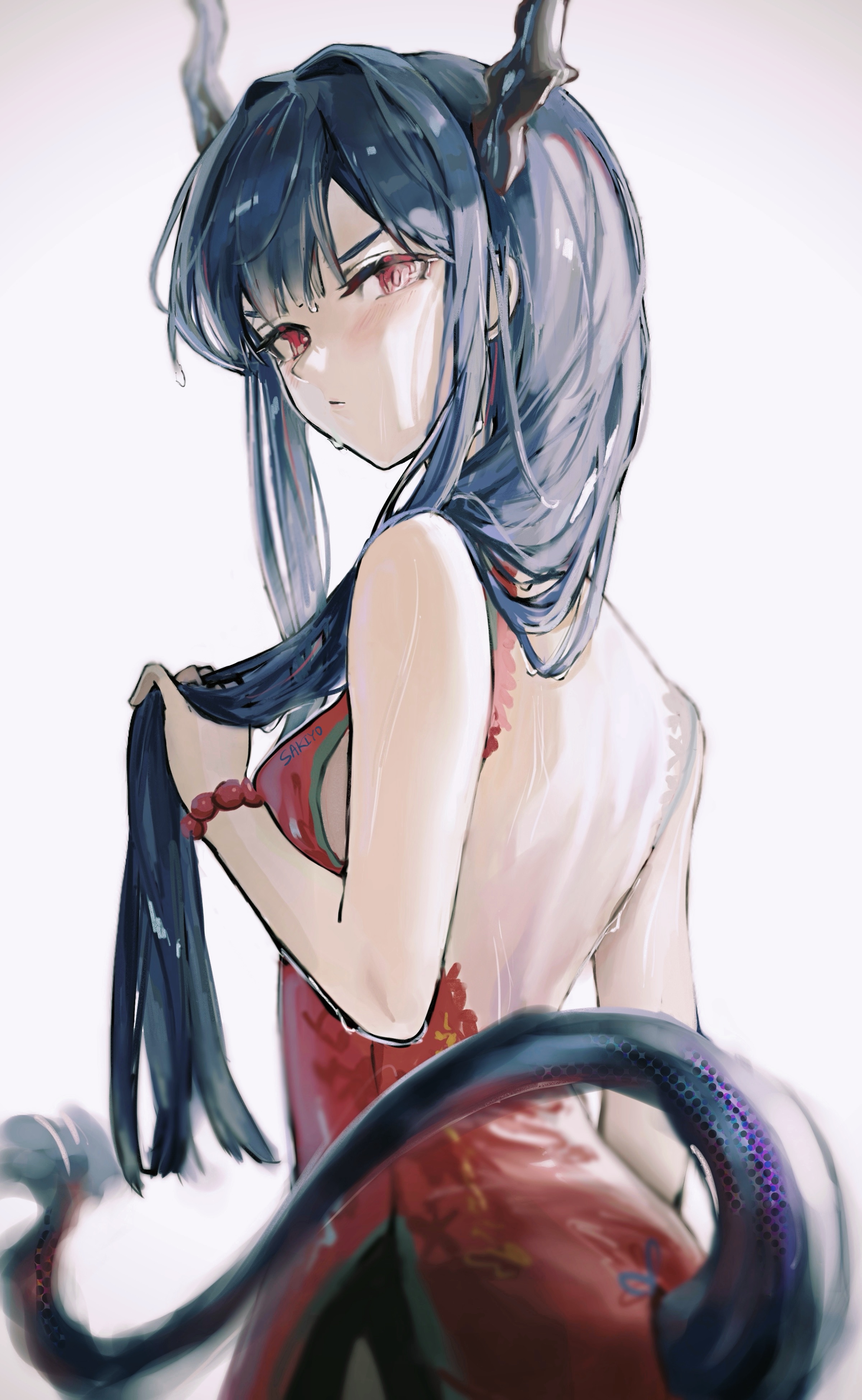 sakiyo, ch'en (ageless afterglow) (arknights), ch'en (arknights), arknights, absurdres, highres, 1girl, backless outfit, bead bracelet, beads, blue hair, blunt bangs, bracelet, china dress, chinese clothes, closed mouth, dragon girl, dragon horns, dragon tail, dress, holding, holding own hair, horns, jewelry, looking at viewer, official alternate costume, red dress, red eyes, simple background, sleeveless, sleeveless dress, sweat, tail, white background