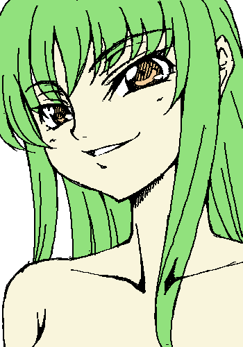 c.c., code geass, lowres, 00s, collarbone, completely nude, green hair, grin, long hair, naughty face, nude, oekaki, open mouth, orange eyes, portrait, sidelocks, smile, solo