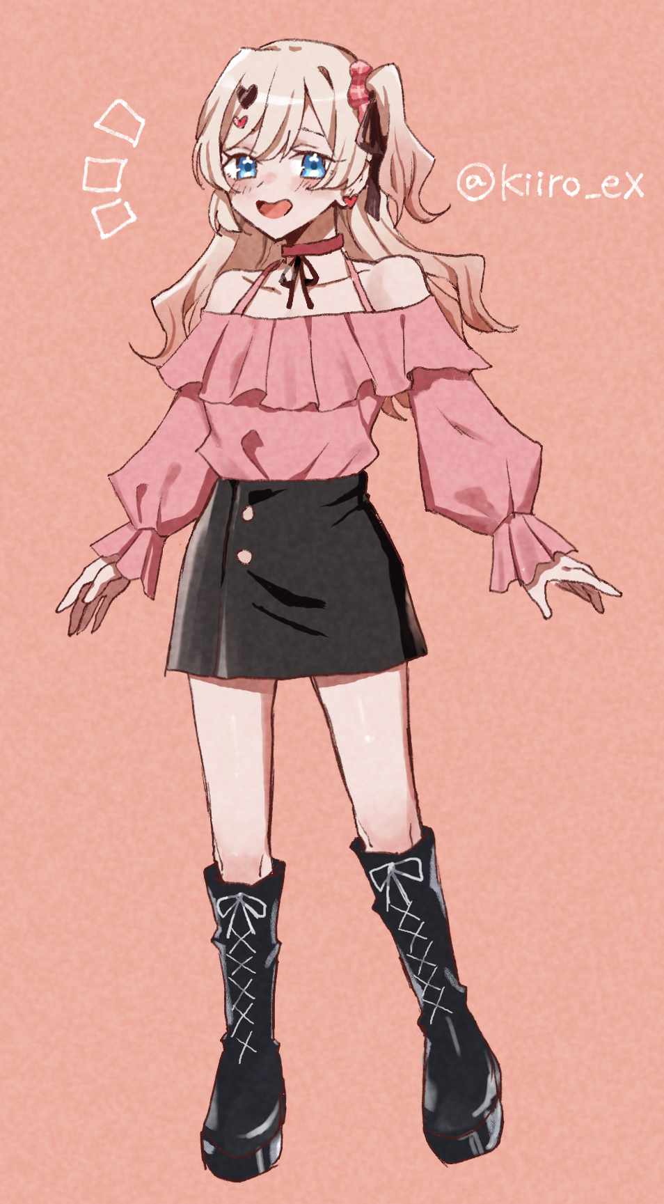 hiiro (kiiro ex), kedarui aashii, kimi no koto ga dai dai dai dai daisuki na 100-nin no kanojo, commentary request, highres, 1girl, :d, artist name, black boots, black skirt, blonde hair, blue eyes, blush, boots, casual, choker, collarbone, frilled shirt collar, frilled sleeves, frills, full body, gradient hair, hair between eyes, hair ornament, hair ribbon, hair scrunchie, heart, heart hair ornament, knee boots, lace-up boots, long hair, long sleeves, looking at viewer, miniskirt, multicolored hair, neck ribbon, notice lines, off-shoulder shirt, off shoulder, one side up, open mouth, pink background, pink hair, pink scrunchie, pink shirt, puffy long sleeves, puffy sleeves, raised eyebrows, red choker, ribbon, scrunchie, shirt, simple background, skirt, smile, solo, standing, twitter username