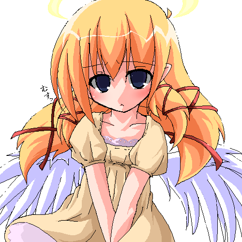 kanidiru, kanijiru, lowres, 1girl, angel, angel wings, blonde hair, female focus, halo, oekaki, solo, wings