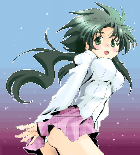 yagisaka seto, jochuu-san, original, lowres, 1girl, arm behind back, female focus, green hair, low ponytail, oekaki, plaid clothes, plaid skirt, ponytail, skirt, solo