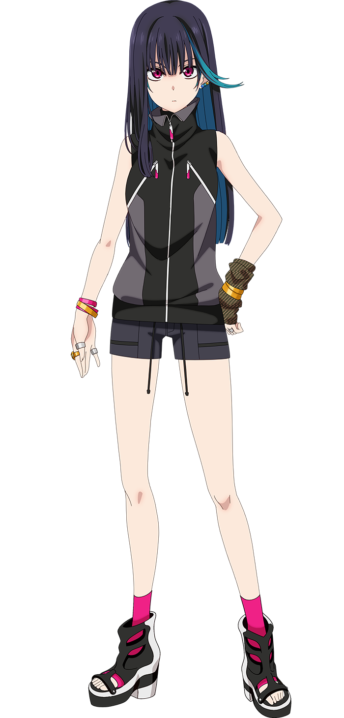 arakaki issei, extreme hearts, highres, official art, 1girl, anime coloring, black hair, black jacket, black sandals, closed mouth, collared jacket, colored inner hair, earrings, fingerless gloves, full body, gloves, green hair, grey shorts, hand on own hip, high heel sandals, jacket, jewelry, long hair, looking at viewer, multicolored hair, open hand, pink eyes, pink socks, rin (extreme hearts), ring, sandals, short shorts, shorts, simple background, single sidelock, sleeveless, sleeveless jacket, socks, solo, standing, tachi-e, transparent background, two-tone hair, yellow gloves