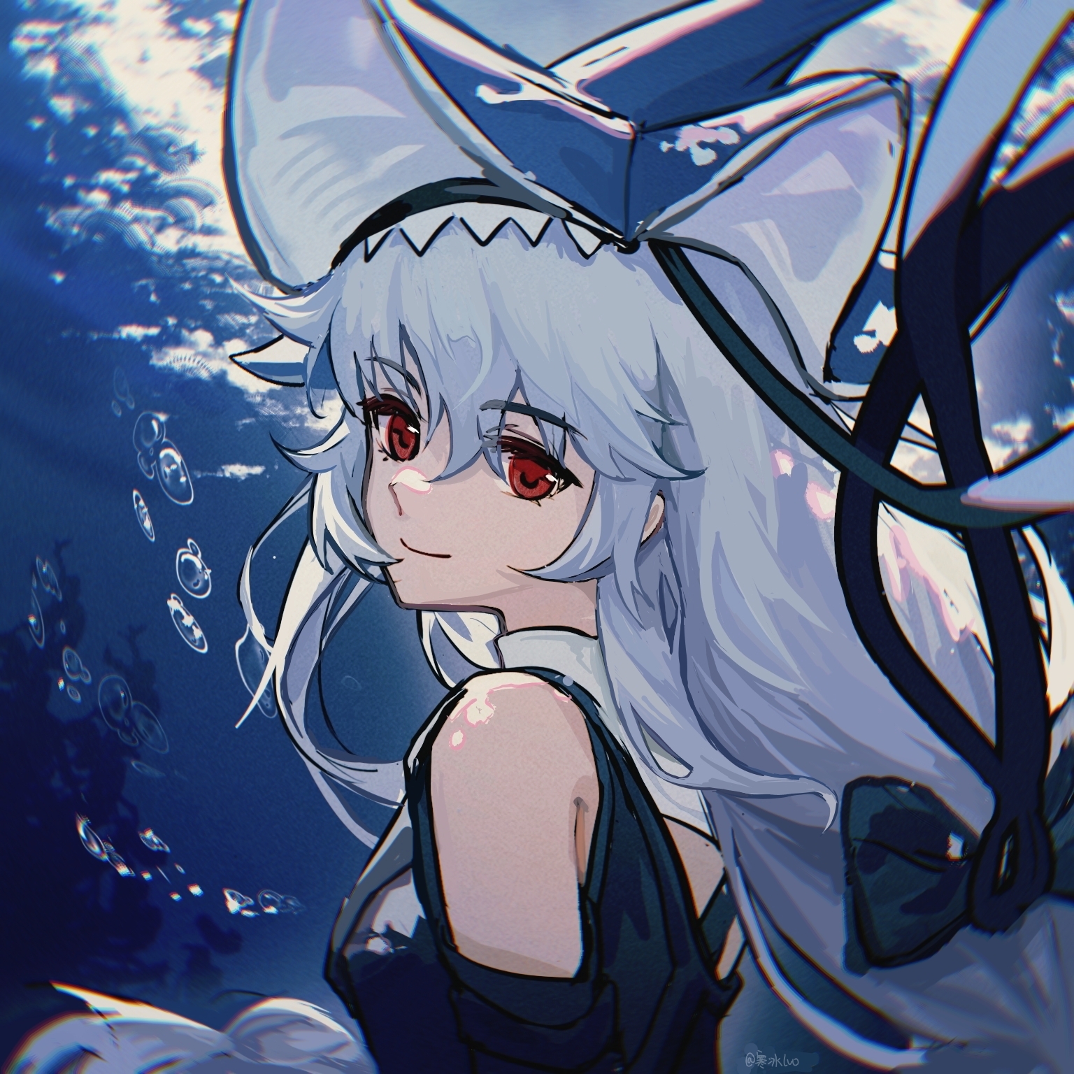 hby-fan, specter (arknights), specter the unchained (arknights), arknights, highres, air bubble, amigasa, black bow, black dress, bow, bubble, clothing cutout, dress, grey hair, hair between eyes, long hair, looking at viewer, looking back, ocean, red eyes, shoulder cutout, turtleneck, underwater, very long hair
