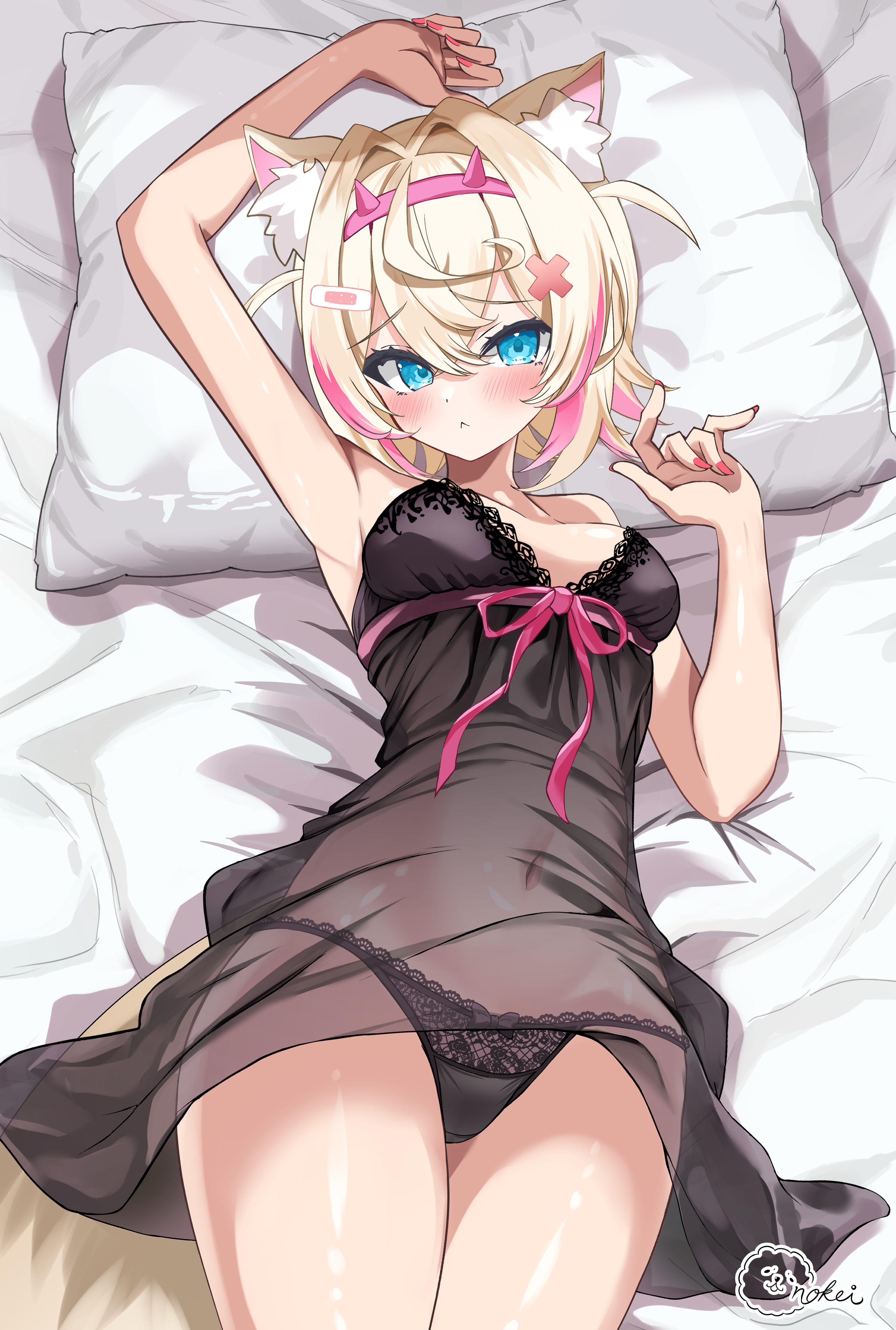 inokeiwd, mococo abyssgard, hololive, hololive english, absurdres, highres, 1girl, arm up, armpits, bare shoulders, black dress, black panties, blonde hair, blue eyes, breasts, cleavage, cowboy shot, dress, hairband, lying, multicolored hair, navel, on back, on bed, panties, pillow, pink hair, pink hairband, see-through clothes, see-through dress, short hair, small breasts, solo, spiked hairband, spikes, two-tone hair, two side up, underwear, virtual youtuber
