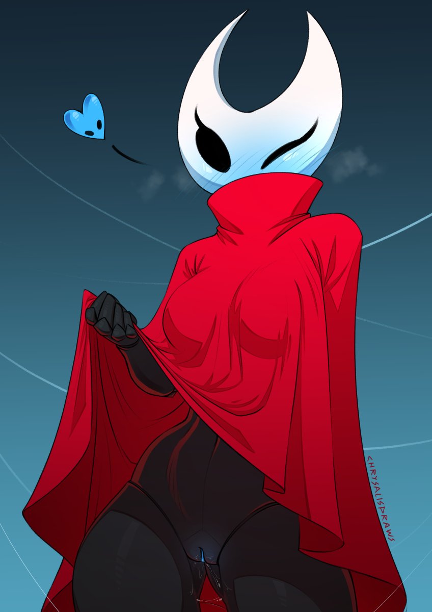 chrysalisdraws, hornet (hollow knight), hollow knight, hollow knight: silksong, highres, 1girl, arthropod girl, artist name, black skin, blush, breasts, breath, bug, cloak, clothes lift, colored skin, cowboy shot, female focus, flashing, gluteal fold, gradient background, heart, horned mask, looking at viewer, mask, narrow waist, navel, no panties, one eye closed, pussy, pussy juice, red cloak, signature, small breasts, solo, spoken heart, standing, thigh gap, thighs, turtleneck, uncensored, wink