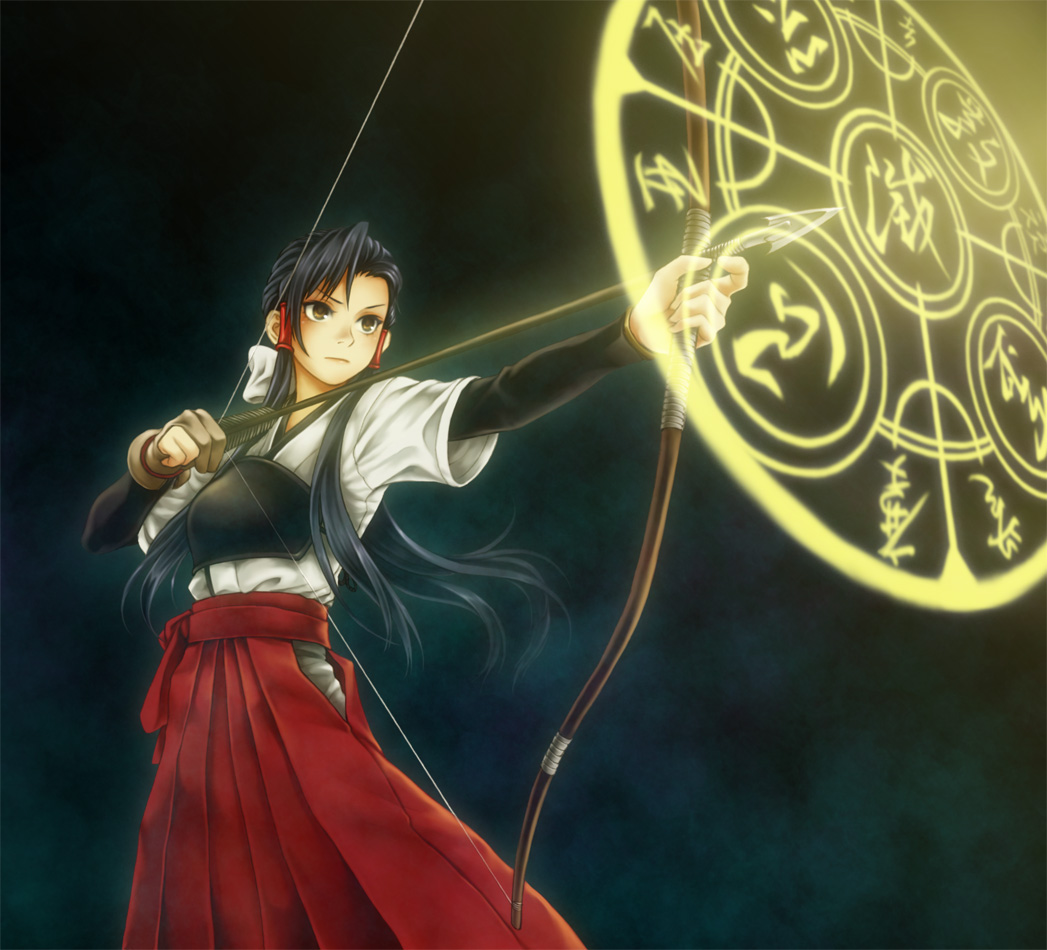 toshi, original, bad id, bad pixiv id, 1girl, archery, armor, arrow (projectile), black hair, blue hair, bow (weapon), brown eyes, drawing bow, female focus, gloves, hair tubes, hakama, hakama skirt, holding, holding bow (weapon), holding weapon, japanese clothes, kyuudou, long hair, magic circle, marksman, miko, muneate, partially fingerless gloves, partly fingerless gloves, red hakama, single glove, skirt, solo, weapon, yugake