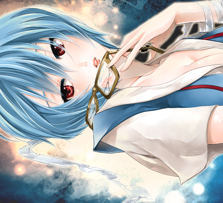 fujoko, ayanami rei, neon genesis evangelion, bad id, bad pixiv id, 1girl, blue hair, breasts, broken, broken eyewear, cleavage, female focus, glasses, medium breasts, red eyes, school uniform, serafuku, solo
