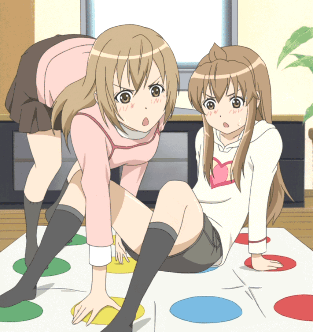 minami chiaki, minami haruka, minami-ke, twister, animated, animated gif, anime screenshot, 00s, 2girls, ahoge, brown eyes, brown hair, multiple girls, open mouth, siblings, sisters, trembling