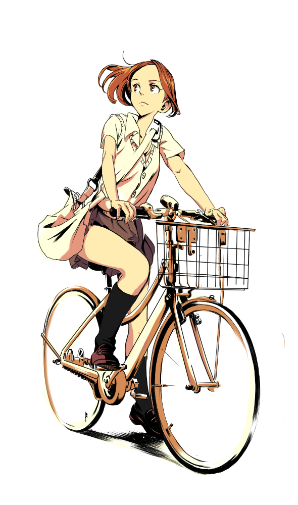 magomago, original, looking away, bad id, bad pixiv id, 1girl, bag, basket, bicycle, black socks, brown eyes, brown hair, brown skirt, female focus, full body, kneehighs, loafers, looking to the side, riding, school uniform, serafuku, shoes, short hair, short sleeves, shoulder bag, simple background, skirt, socks, solo, white background