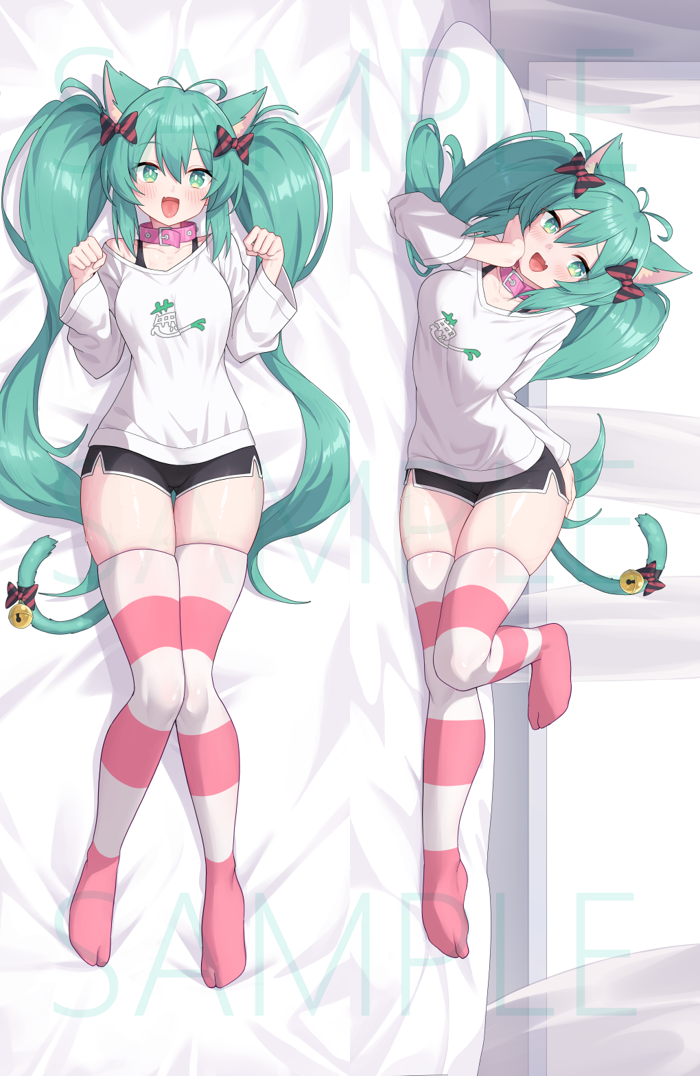 faldeus, hatsune miku, vocaloid, commentary request, highres, 1girl, alternate costume, animal collar, animal ear fluff, animal ears, antenna hair, aqua eyes, aqua hair, bed sheet, black shorts, blush, bow, cat ears, cat girl, cat tail, collar, dakimakura (medium), dolphin shorts, fang, full body, hair bow, long hair, looking at viewer, lying, multiple views, no shoes, on back, on side, open mouth, paw pose, pink collar, sample watermark, shirt, shorts, skin fang, striped bow, striped clothes, striped thighhighs, tail, thighhighs, twintails, very long hair, watermark, white shirt