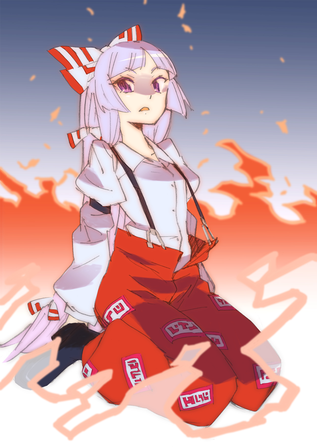 katou haruaki, fujiwara no mokou, touhou, highres, 1girl, bow, collared shirt, female focus, full body, hair bow, long hair, long sleeves, looking at viewer, multiple hair bows, ofuda, pants, seiza, shaded face, shirt, sitting, solo, very long hair, white shirt