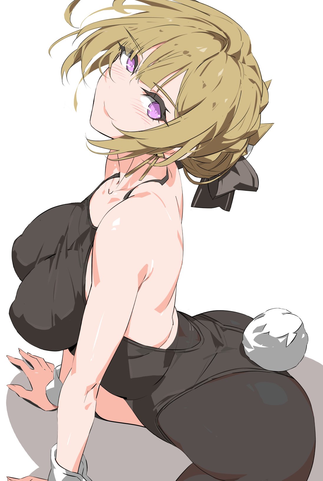 kili kilio, evelyn chevalier, zenless zone zero, highres, 1girl, ass, bare shoulders, black ribbon, blonde hair, blush, breasts, closed mouth, large breasts, leotard, looking at viewer, one-piece thong, playboy bunny, purple eyes, rabbit tail, ribbon, smile, solo, tail, white background