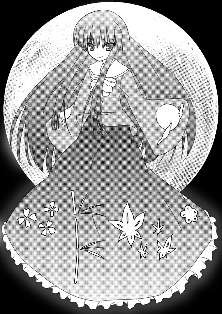 nigo (aozoragarou), houraisan kaguya, touhou, 1girl, blouse, blunt bangs, collar, female focus, full moon, greyscale, long hair, long skirt, looking at viewer, monochrome, moon, shirt, sidelocks, skirt, solo, very long hair