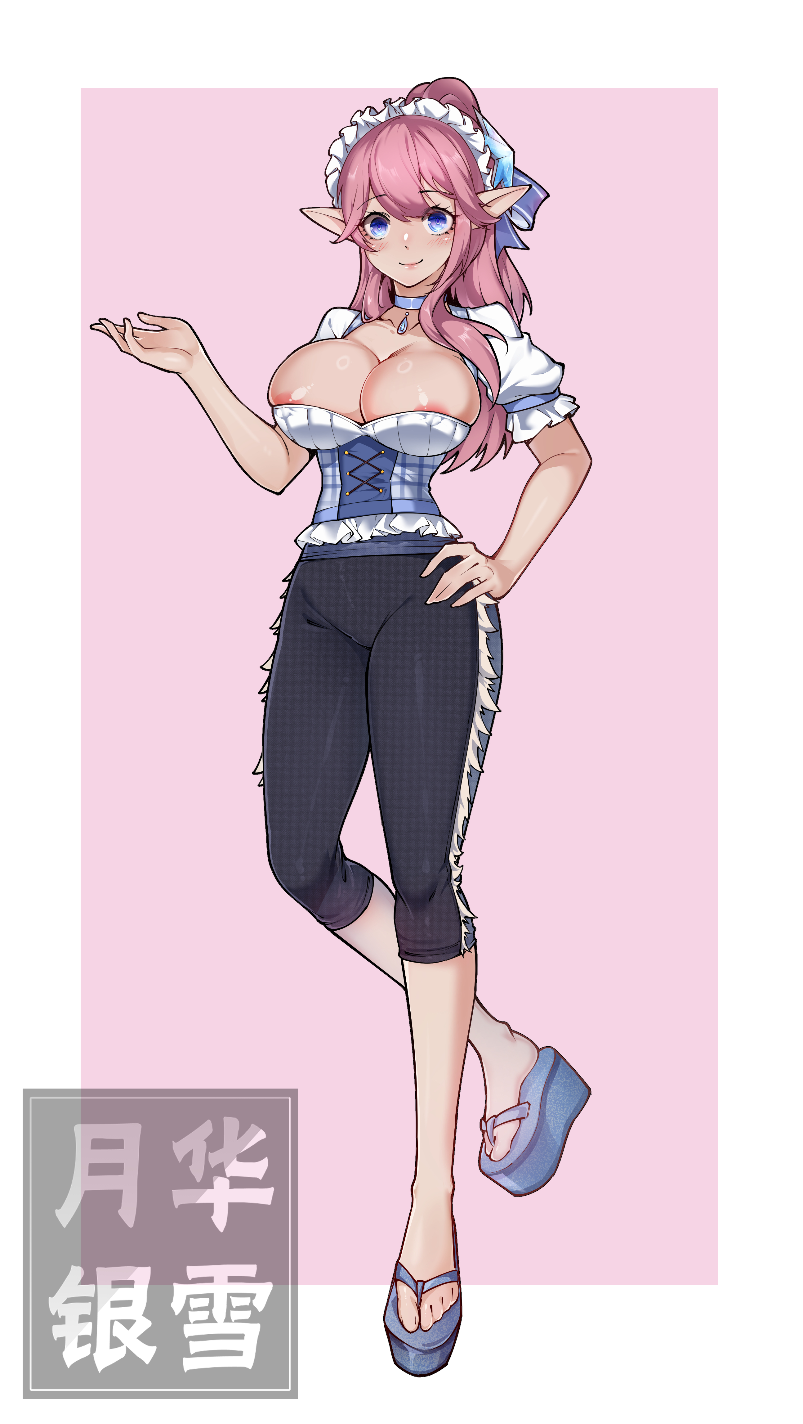 yuehua yinxue, platform footwear, highres, 1girl, areola slip, black pants, blue eyes, breasts, choker, cleavage, closed mouth, corset, elf, full body, hand on own hip, large breasts, leggings, long hair, looking at viewer, maid headdress, nipples, pants, pink background, pink hair, pointy ears, ponytail, sandals, short sleeves, smile, solo, standing