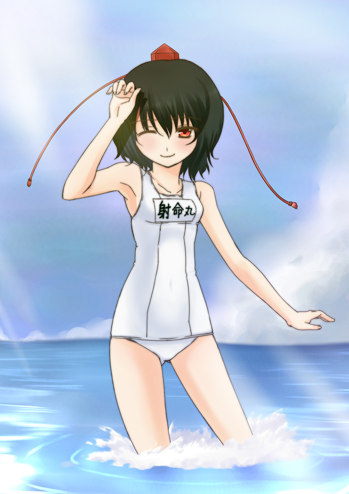 nigo (aozoragarou), shameimaru aya, touhou, 1girl, day, female focus, hat, looking at viewer, name tag, one-piece swimsuit, outdoors, school swimsuit, sky, solo, swimsuit, white one-piece swimsuit, white school swimsuit