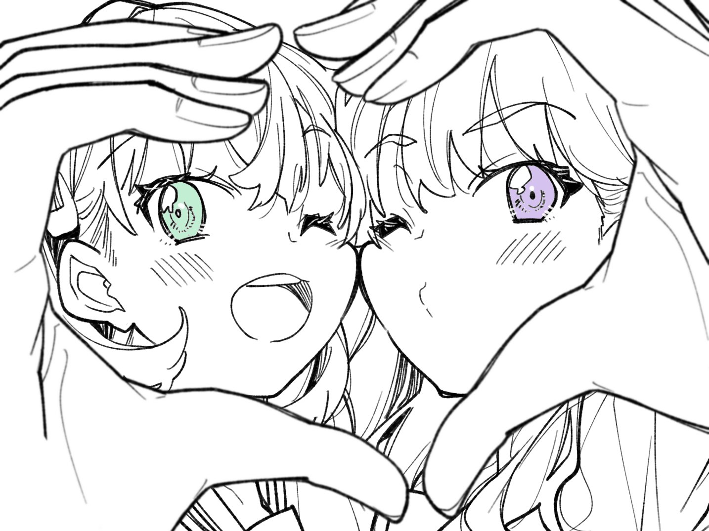 yukiri takashi, fujishima megumi, hinoshita kaho, link! like! love live!, love live!, commentary, 2girls, ;d, blush, green eyes, greyscale, hasu no sora school uniform, heart, heart hands, heart hands duo, long hair, looking at viewer, monochrome, multiple girls, one eye closed, open mouth, puckered lips, purple eyes, school uniform, smile, spot color, virtual youtuber