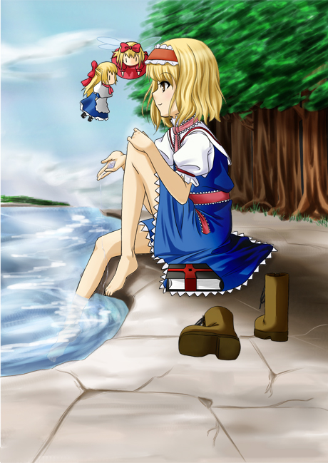 nigo (aozoragarou), alice margatroid, hourai doll, shanghai doll, touhou, 1girl, barefoot, boots, female focus, mini person, minigirl, shoes, sitting, soaking feet, solo, unworn shoes, water