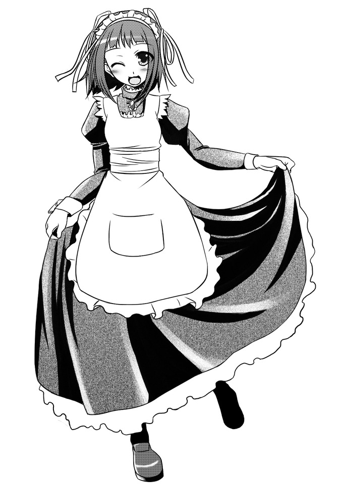 nigo (aozoragarou), 1girl, ;o, apron, blush, dress, female focus, full body, greyscale, juliet sleeves, long sleeves, looking at viewer, maid, maid apron, monochrome, one eye closed, open mouth, puffy sleeves, running, short hair, simple background, solo, white background