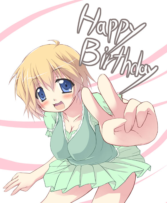 tekehiro, patricia martin, lucky star, 00s, 1girl, blonde hair, blue eyes, breasts, cleavage, female focus, happy birthday, leaning forward, short hair, skirt, solo, v