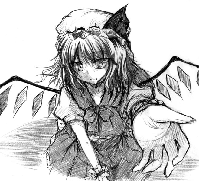 misana, flandre scarlet, touhou, 1girl, all fours, arm support, bow, bowtie, crystal, dress, female focus, frills, greyscale, hat, looking at viewer, mob cap, monochrome, outstretched arms, simple background, solo, white background, wings, wrist cuffs