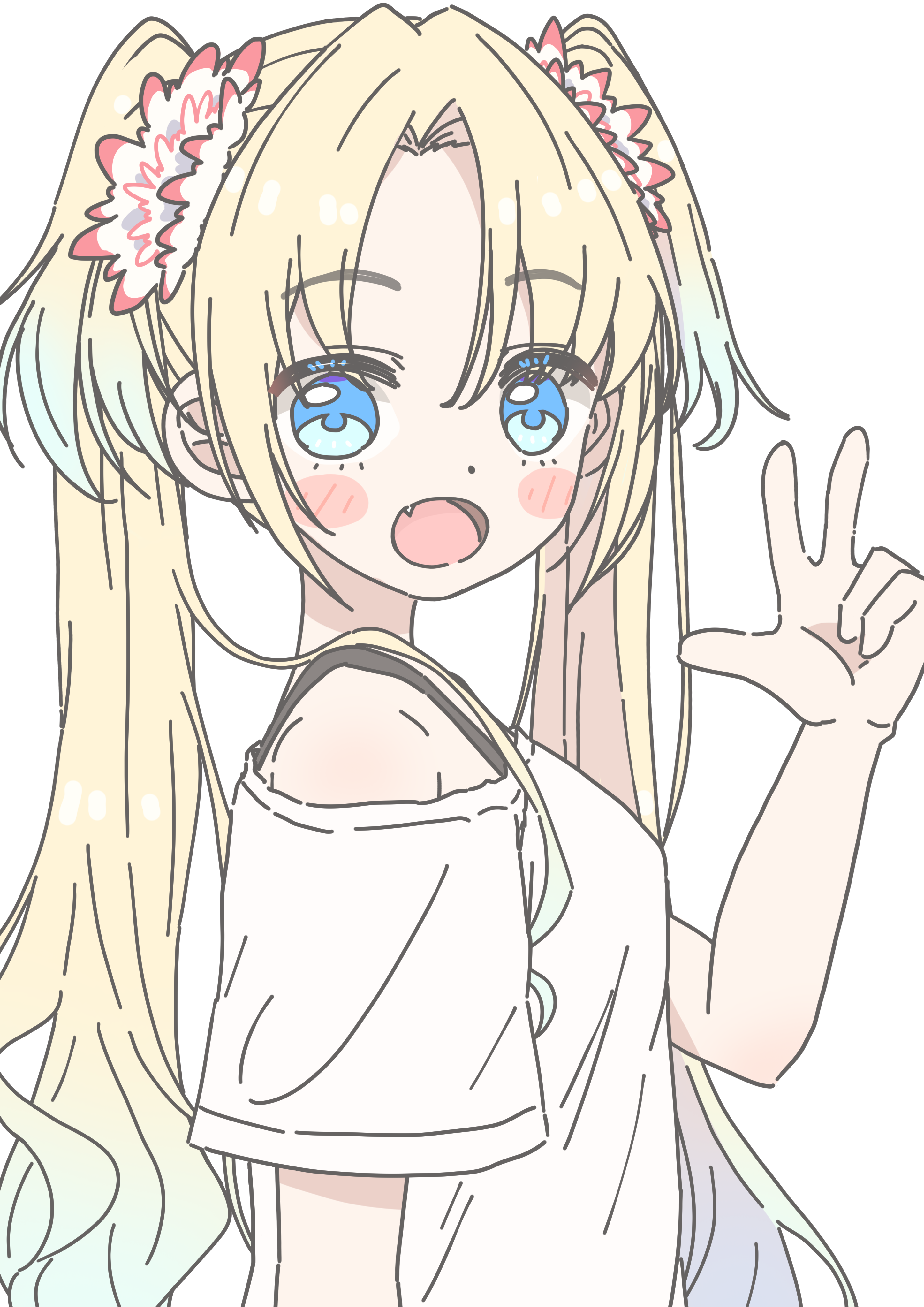 zacuro, osawa rurino, link! like! love live!, love live!, absurdres, commentary request, highres, 1girl, :d, bare shoulders, blonde hair, blue hair, curtained hair, fang, flower, gradient hair, hair flower, hair ornament, long hair, looking at viewer, multicolored hair, off-shoulder shirt, off shoulder, open mouth, parted bangs, pink flower, shirt, short sleeves, smile, solo, twintails, upper body, virtual youtuber, w, white shirt