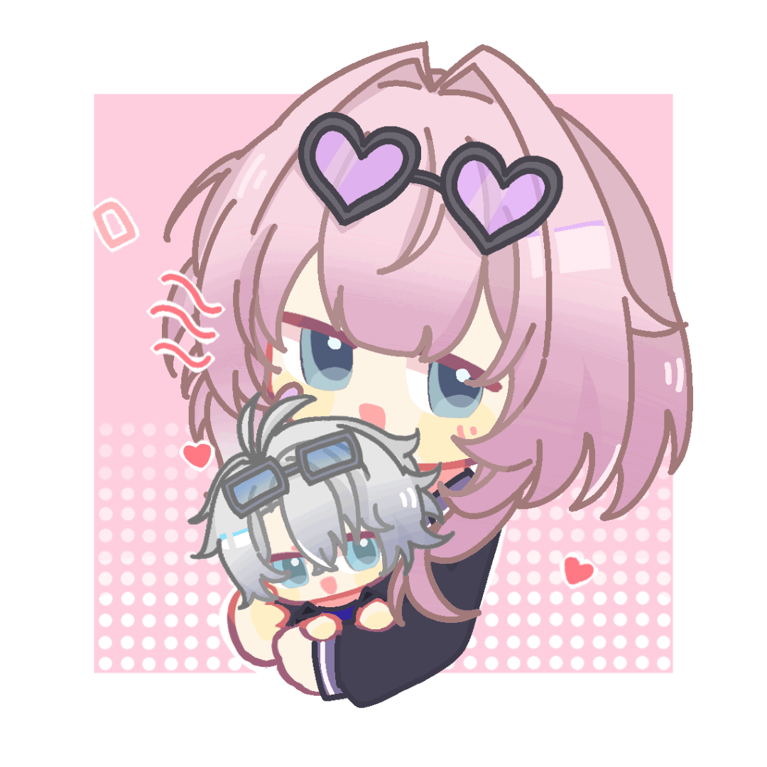 cyrene (honkai: star rail), phainon (honkai: star rail), honkai: star rail, honkai (series), animated, animated gif, translation request, 1boy, 1girl, :o, ahoge, alternate costume, black shirt, blinking, blue eyes, border, chinese text, eyewear on head, fang, fuchangle00777, hair intakes, heart, heart-shaped eyewear, holding chibi, pink background, shirt, short hair, skin fang, white border, white hair