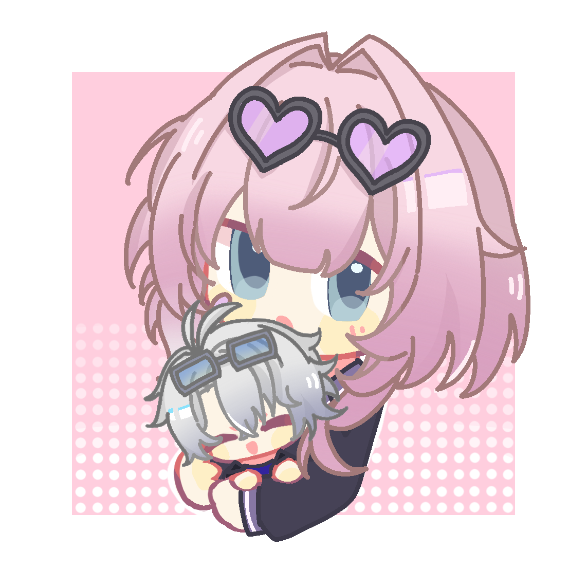 cyrene (honkai: star rail), phainon (honkai: star rail), honkai: star rail, honkai (series), 1boy, 1girl, :o, ahoge, alternate costume, black shirt, blue eyes, border, eyewear on head, fuchangle00777, hair intakes, heart, heart-shaped eyewear, holding chibi, pink background, shirt, short hair, white border, white hair