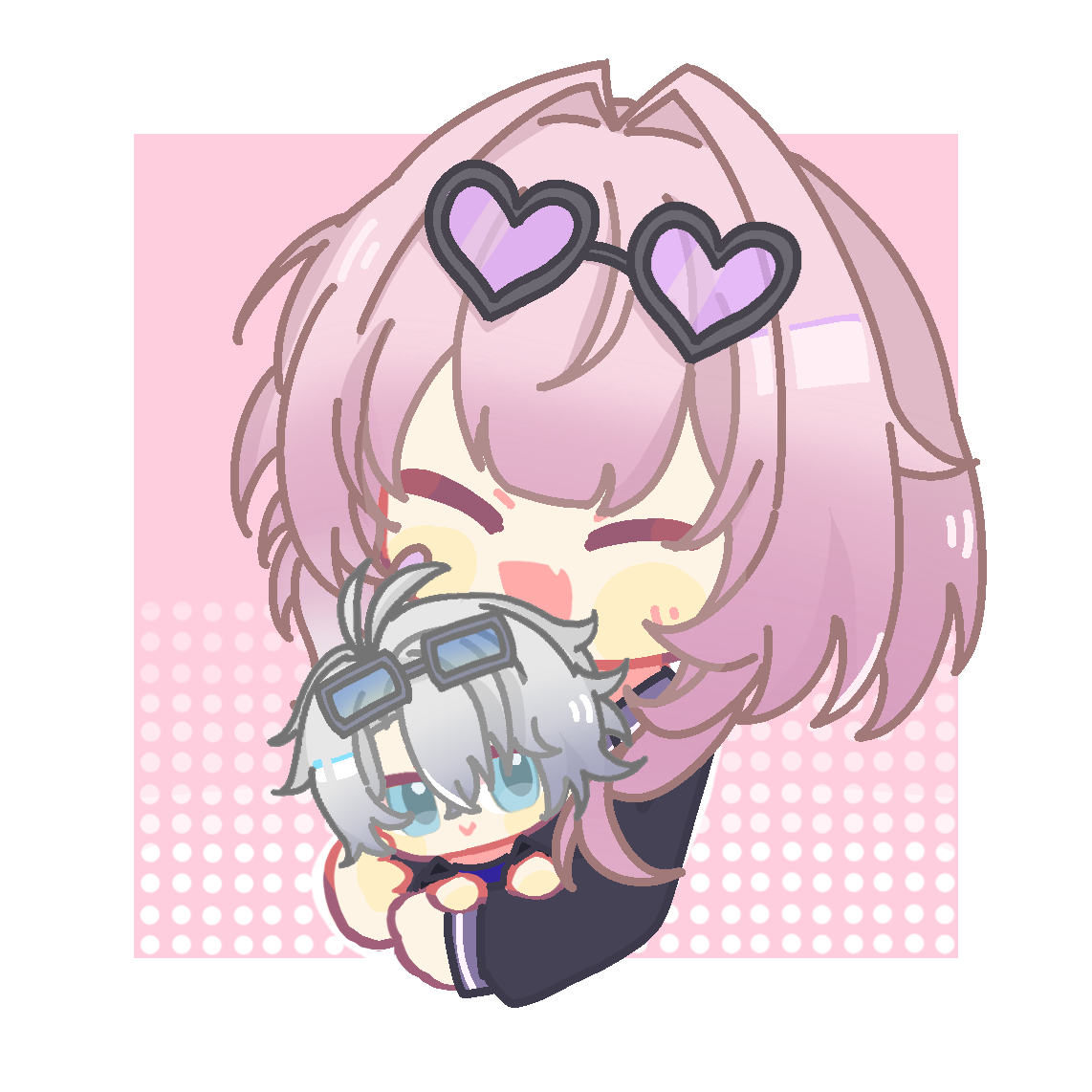cyrene (honkai: star rail), phainon (honkai: star rail), honkai: star rail, honkai (series), 1boy, 1girl, ahoge, alternate costume, black shirt, blue eyes, border, eyewear on head, fang, fuchangle00777, hair intakes, heart, heart-shaped eyewear, holding chibi, open mouth, pink background, shirt, short hair, skin fang, white border, white hair