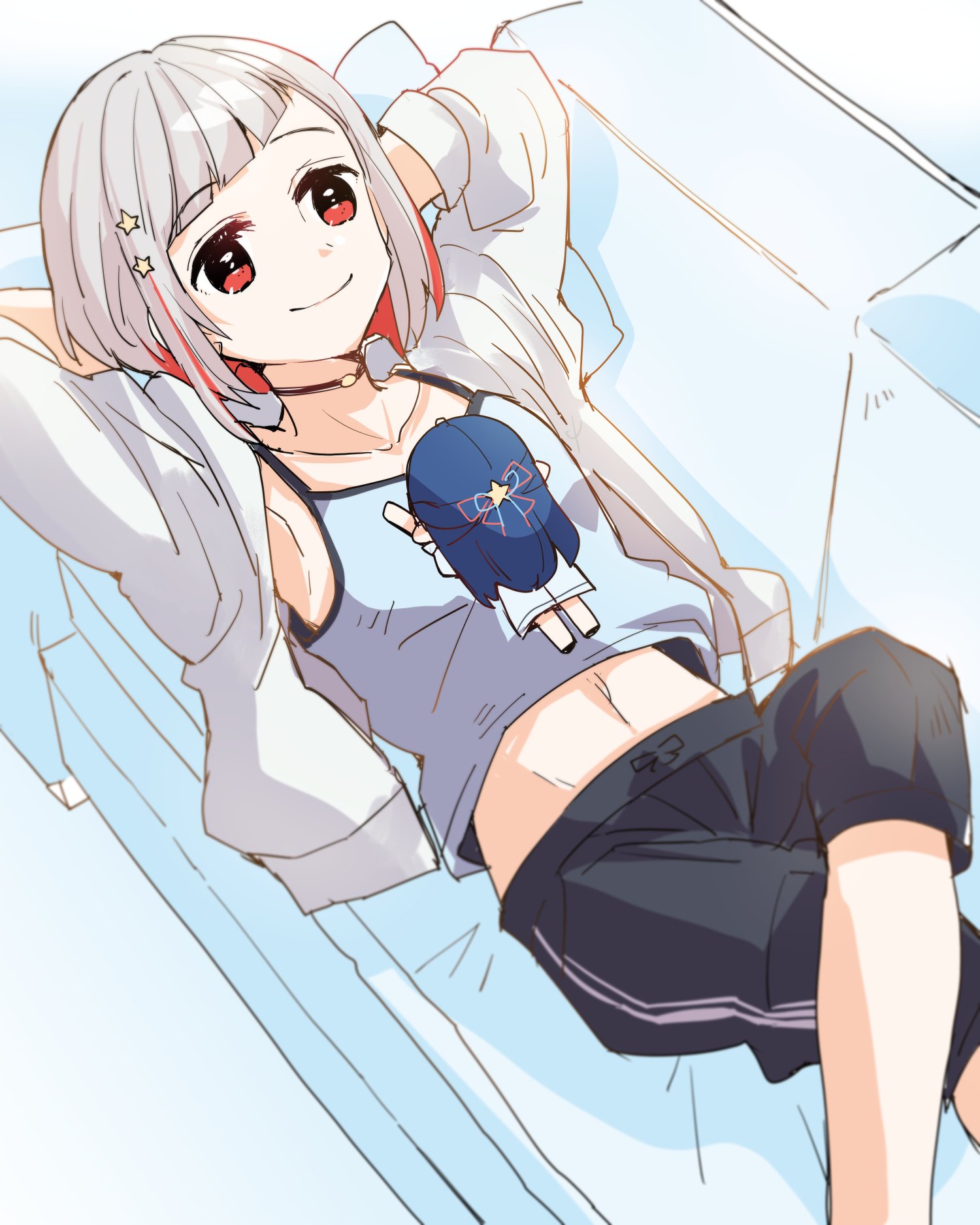 kanduki kamibukuro, murano sayaka, yugiri tsuzuri, link! like! love live!, love live!, commentary, highres, 1girl, armpits, arms up, black choker, black pants, blue camisole, blue dress, camisole, character doll, choker, closed mouth, couch, diagonal bangs, doll, dress, grey hair, hair ornament, hasu no sora school uniform, hood, hooded jacket, jacket, lying, midriff, multicolored hair, navel, nesoberi, o-ring, o-ring choker, on back, on couch, open clothes, open jacket, pants, red eyes, red hair, school uniform, short hair, smile, solo, split mouth, star (symbol), star hair ornament, streaked hair, summer uniform, three-quarter sleeves, virtual youtuber, white jacket