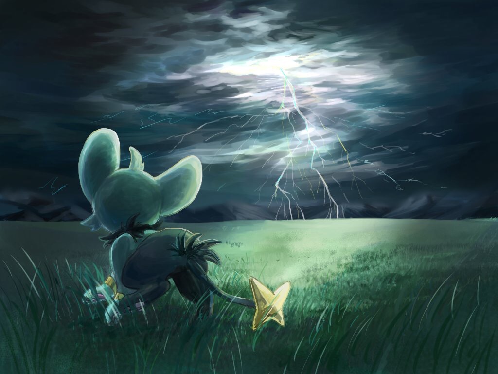 mint nappa, shinx, nintendo, pokemon, animal focus, facing away, field, gen 4 pokemon, lightning, no humans, outdoors, overcast, pawpads, pokemon (creature), short hair, sky, storm, wide shot