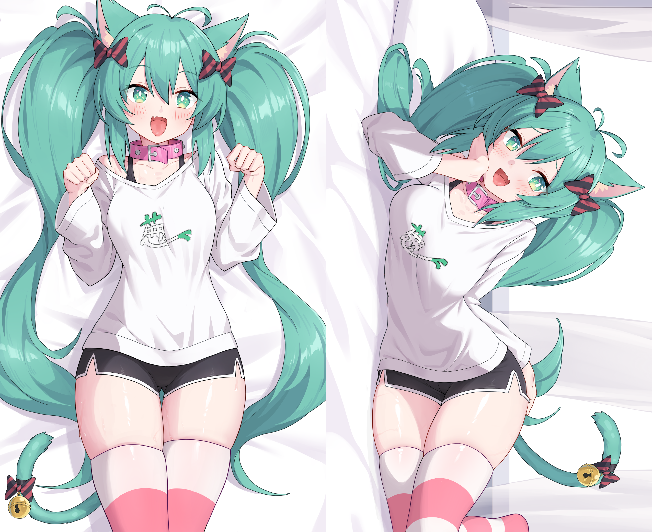 faldeus, hatsune miku, vocaloid, commentary request, highres, 1girl, alternate costume, animal collar, animal ear fluff, animal ears, antenna hair, aqua eyes, aqua hair, bed sheet, black shorts, blush, bow, cat ears, cat girl, cat tail, collar, cowboy shot, dakimakura (medium), dolphin shorts, fang, hair bow, long hair, looking at viewer, lying, on back, on side, open mouth, paw pose, pink collar, shirt, shorts, skin fang, striped bow, striped clothes, striped thighhighs, tail, thighhighs, tongue, twintails, very long hair, white shirt