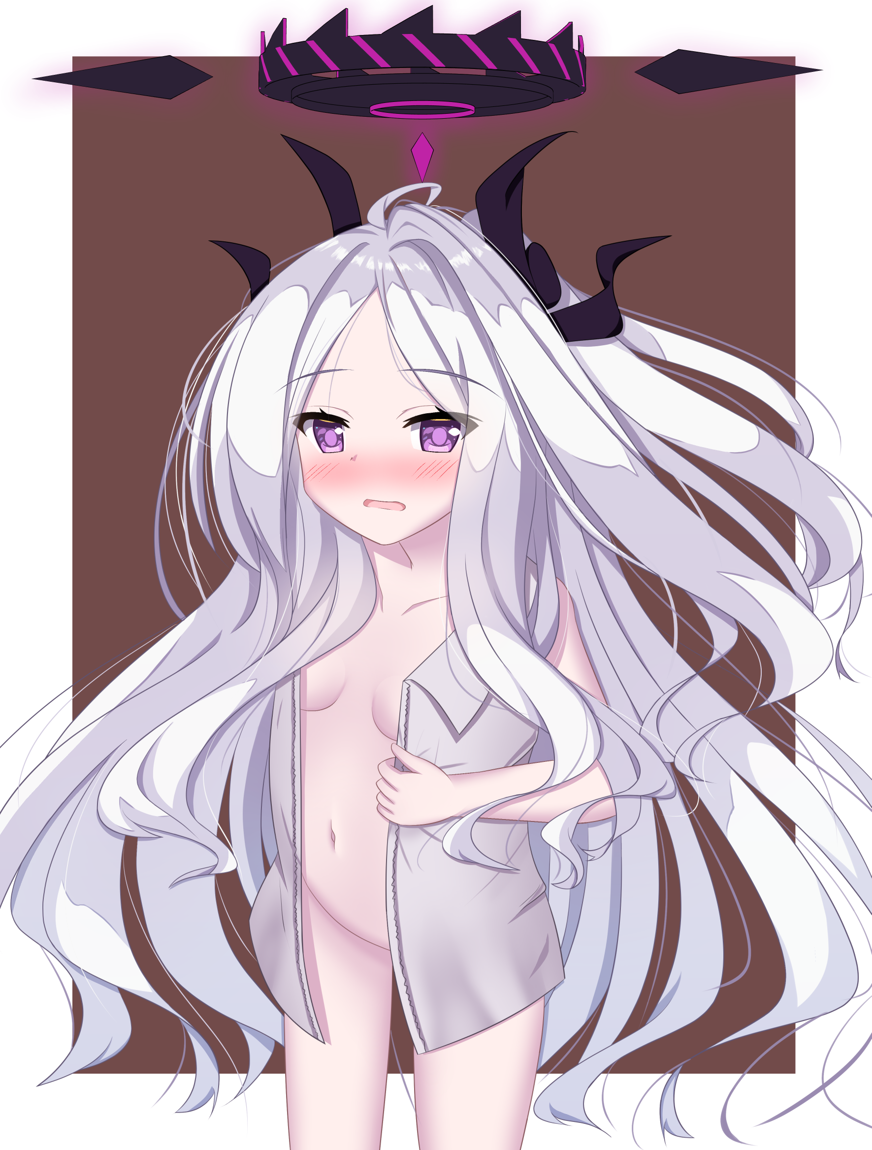 matsuri furi, hina (blue archive), blue archive, highres, 1girl, ahoge, black halo, breasts, demon girl, demon horns, halo, horns, long hair, looking at viewer, nude, purple eyes, small breasts, solo, standing, very long hair, white hair