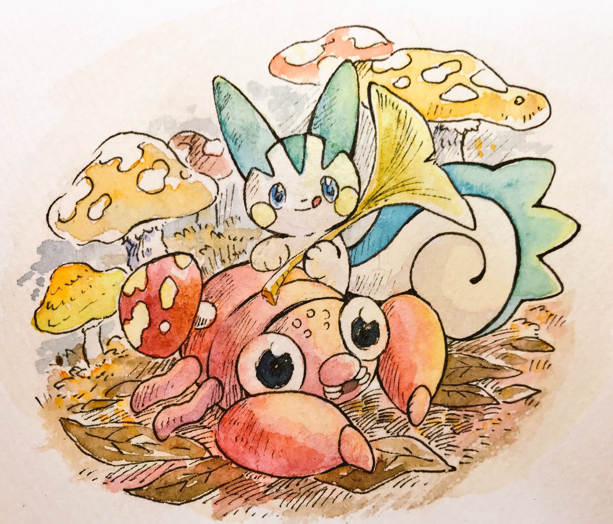 mint nappa, pachirisu, paras, nintendo, pokemon, commentary request, highres, painting (medium), traditional media, watercolor (medium), animal focus, autumn leaves, black eyes, blue eyes, full body, gen 1 pokemon, gen 4 pokemon, ginkgo leaf, leaf, licking lips, mushroom, no humans, open mouth, pokemon (creature), simple background, tongue, tongue out, white background