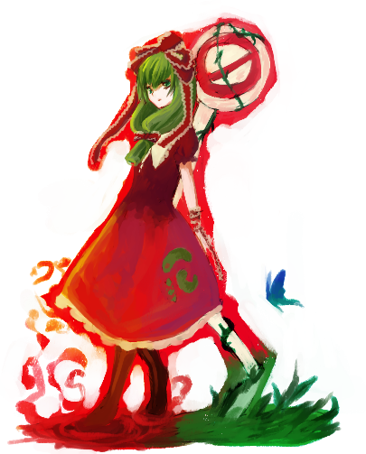kagurazaka iroha, kagiyama hina, touhou, 1girl, animal, boots, bug, butterfly, faux figurine, female focus, frills, front ponytail, full body, grass, insect, puffy short sleeves, puffy sleeves, red hair, shawl, short sleeves, simple background, solo, standing, white background