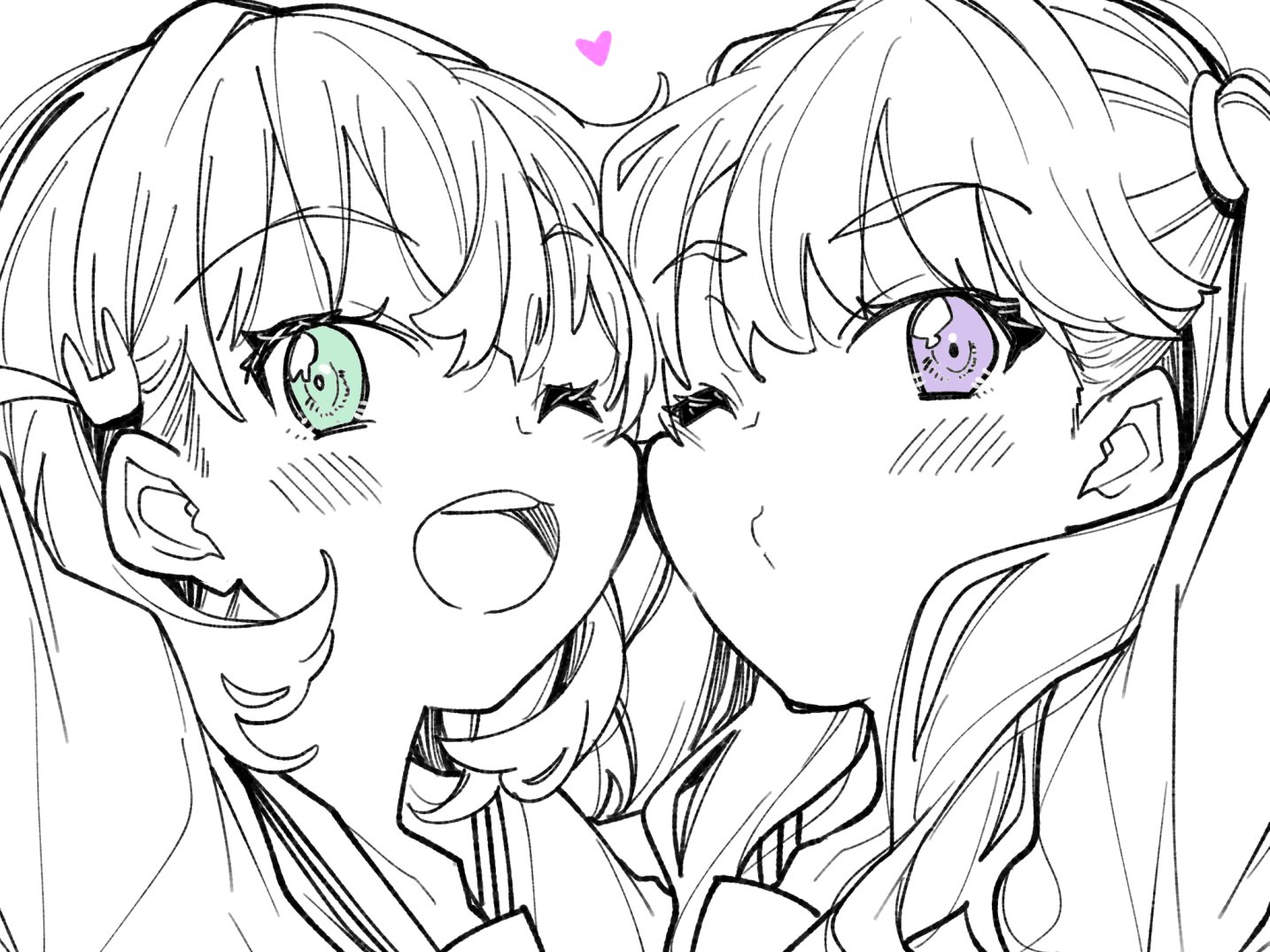 yukiri takashi, fujishima megumi, hinoshita kaho, link! like! love live!, love live!, 2girls, ;d, blush, green eyes, greyscale, hasu no sora school uniform, heart, long hair, looking at viewer, monochrome, multiple girls, one eye closed, open mouth, puckered lips, purple eyes, school uniform, smile, spot color, virtual youtuber
