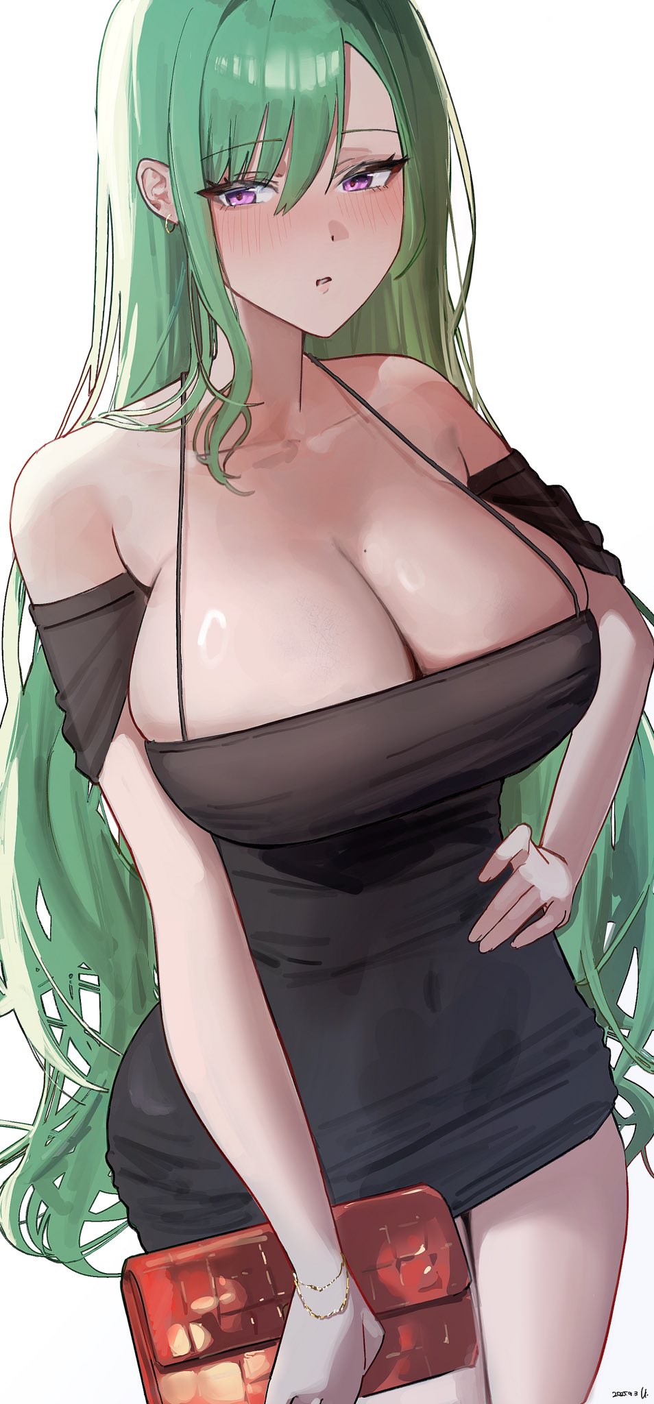 yakumo beni, vspo!, highres, revision, 1girl, bag, bare shoulders, black dress, breasts, cleavage, collarbone, dress, earrings, green hair, hand on own hip, handbag, huge breasts, jewelry, light blush, long hair, mole, mole on breast, purple eyes, shi24ni, simple background, solo, virtual youtuber, white background