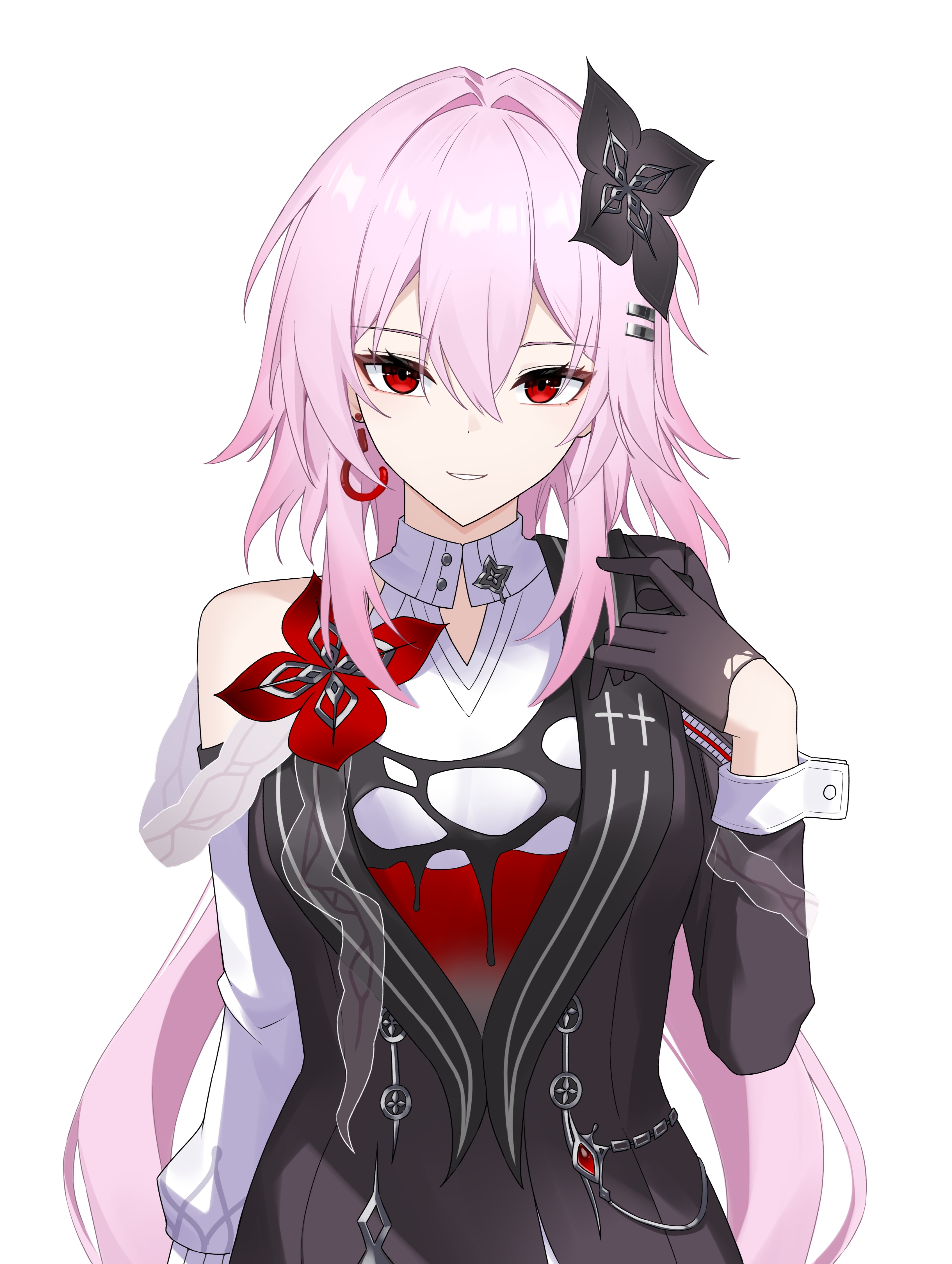 nicel, evernight (honkai: star rail), march 7th (honkai: star rail), honkai: star rail, honkai (series), absurdres, highres, 1girl, asymmetrical dress, black dress, black flower, black gloves, breasts, dress, flower, flower ornament, gloves, hair flower, hair ornament, hairclip, half-jacket, long sleeves, looking at viewer, official alternate costume, pink hair, red eyes, simple background, solo, white background