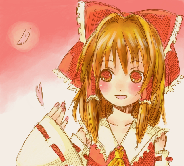 takanashi minato, hakurei reimu, touhou, 1girl, :d, ascot, blush, bow, brown eyes, collar, collarbone, detached sleeves, female focus, gradient background, hair bow, long sleeves, looking at viewer, open mouth, orange hair, red bow, sidelocks, simple background, smile, solo, tareme, upper body, vest