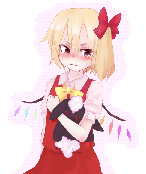 sacha, flandre scarlet, touhou, 1girl, blush, bow, bowtie, carrying, carrying under arm, closed mouth, cowboy shot, crystal, dress, female focus, frown, holding hands, looking at viewer, puffy short sleeves, puffy sleeves, red dress, red eyes, short sleeves, simple background, solo, stuffed animal, stuffed rabbit, stuffed toy, tears, wavy mouth, white background, wings, yellow bow, yellow bowtie
