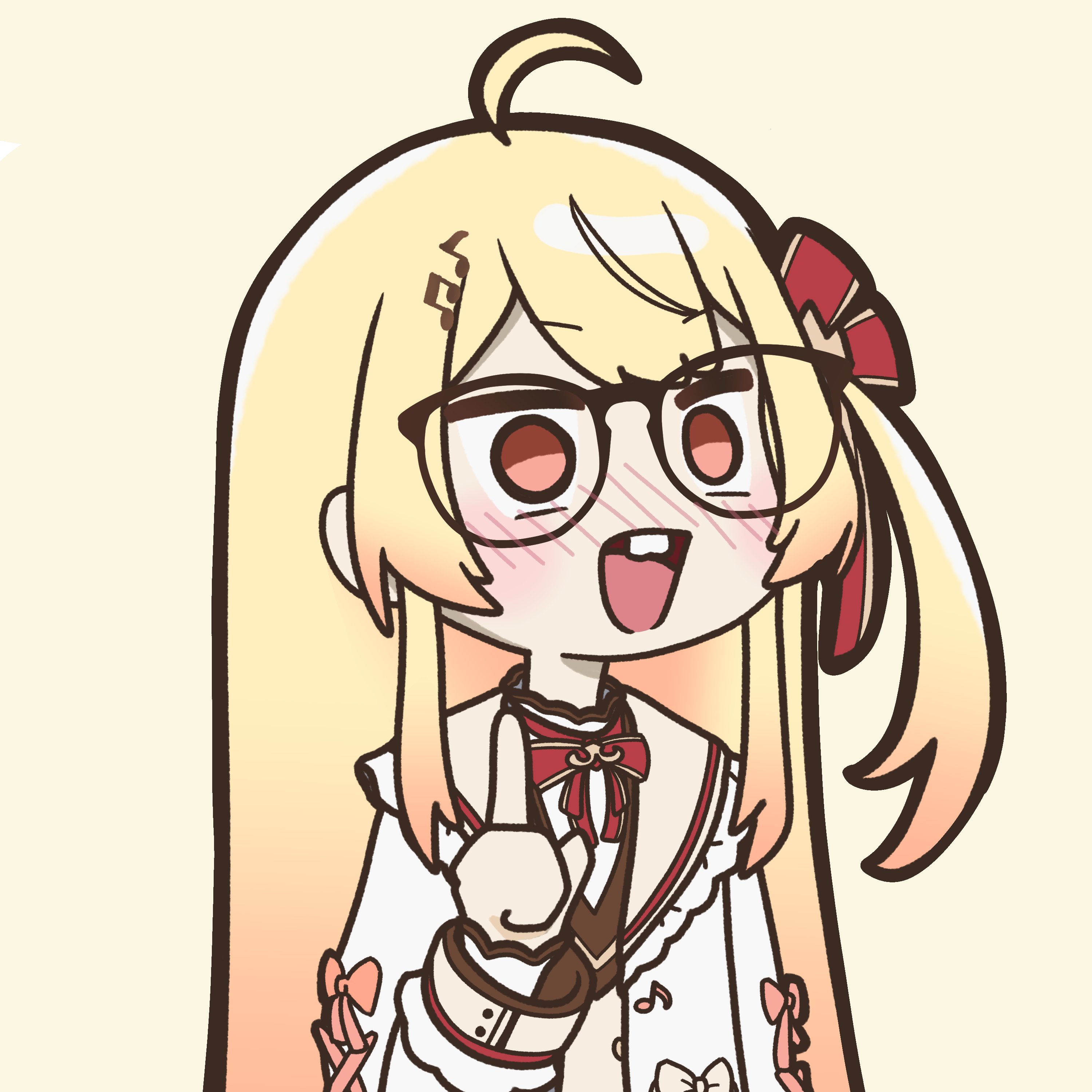 monocomfy, otonose kanade, otonose kanade (1st costume), hololive, hololive dev is, regloss (hololive), absurdres, highres, ahoge, beamed eighth notes, blonde hair, brown dress, brown sailor collar, dress, eighth note, fortissimo, frilled jacket, frills, hair ornament, jacket, musical note, musical note hair ornament, one side up, piano keys, piano print, plaid clothes, plaid dress, red ribbon, ribbon, sailor collar, virtual youtuber, white jacket