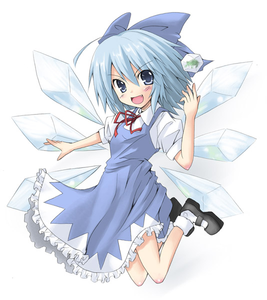 iseki mitsuharu, cirno, embodiment of scarlet devil, touhou, 1girl, bow, female focus, frog, smile, solo