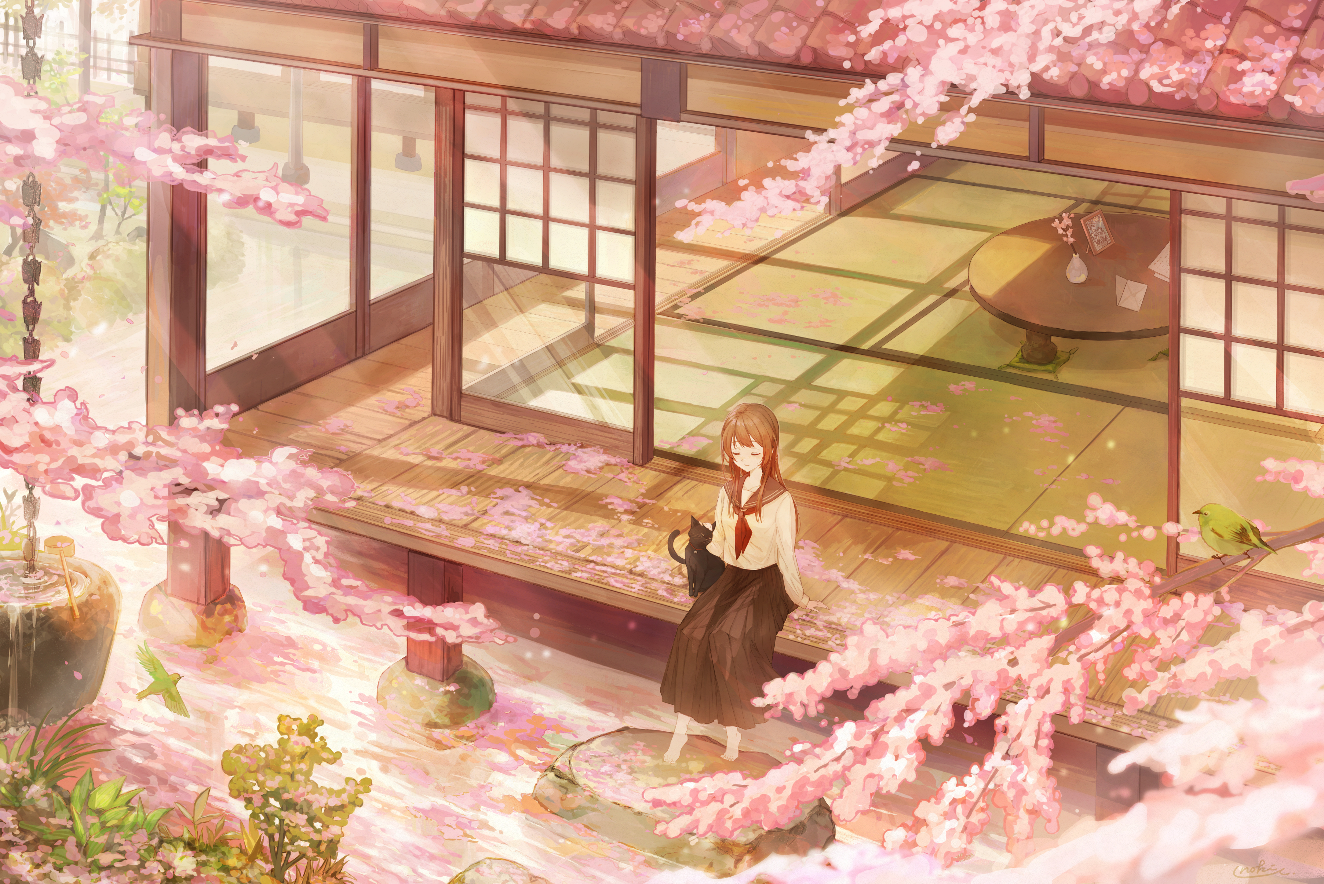 uguisu noki, original, absurdres, commentary request, highres, 1girl, architecture, barefoot, bird, black cat, black sailor collar, black skirt, boulder, branch, breasts, brown hair, cat, cherry blossoms, closed eyes, east asian architecture, envelope, house, letter, long hair, long skirt, long sleeves, neckerchief, on floor, outdoors, photo (object), plant, pleated skirt, red neckerchief, sailor collar, scenery, school uniform, serafuku, shirt, shouji, sitting, skirt, sliding doors, small breasts, solo, spring (season), table, tatami, tree, vase, water, white shirt, wooden floor