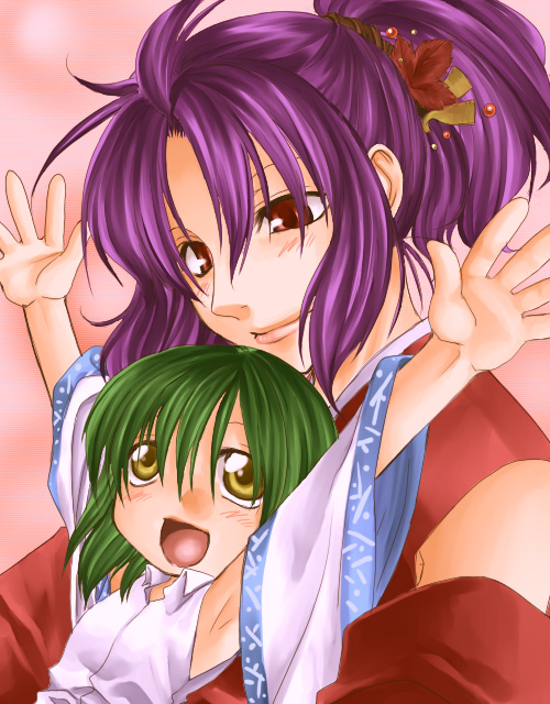 ogera okera, kochiya sanae, yasaka kanako, touhou, 2girls, o/, aged down, arms up, female focus, hair ornament, leaf hair ornament, multiple girls, outstretched arms